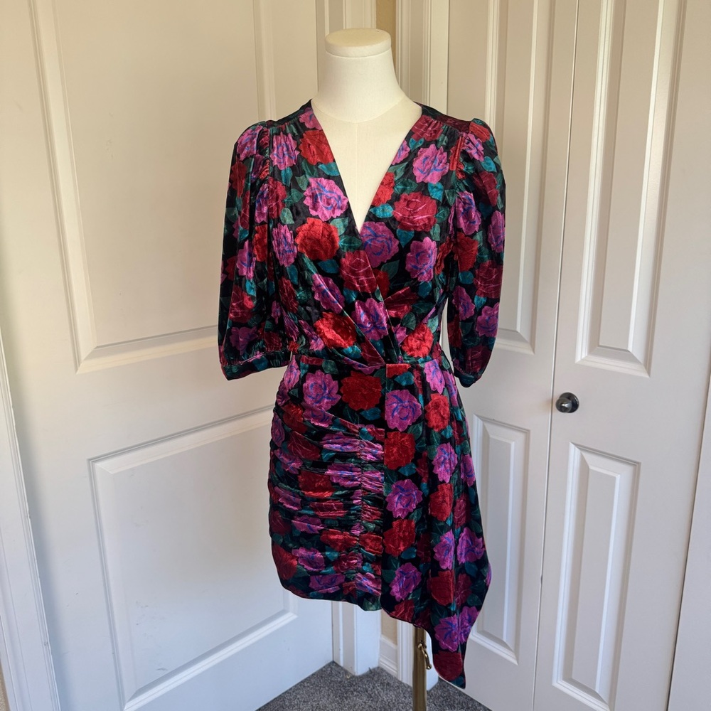 NWT Ronny Kobo Blue Floral Velvet Monica Dress, S